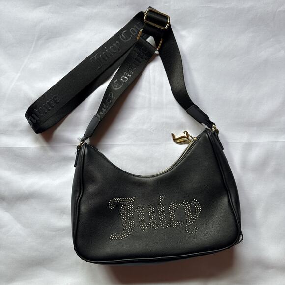 Juicy Couture Black Crossbody Bag Rhinestone Logo Adjustable Designer Minimal - Picture 1 of 8